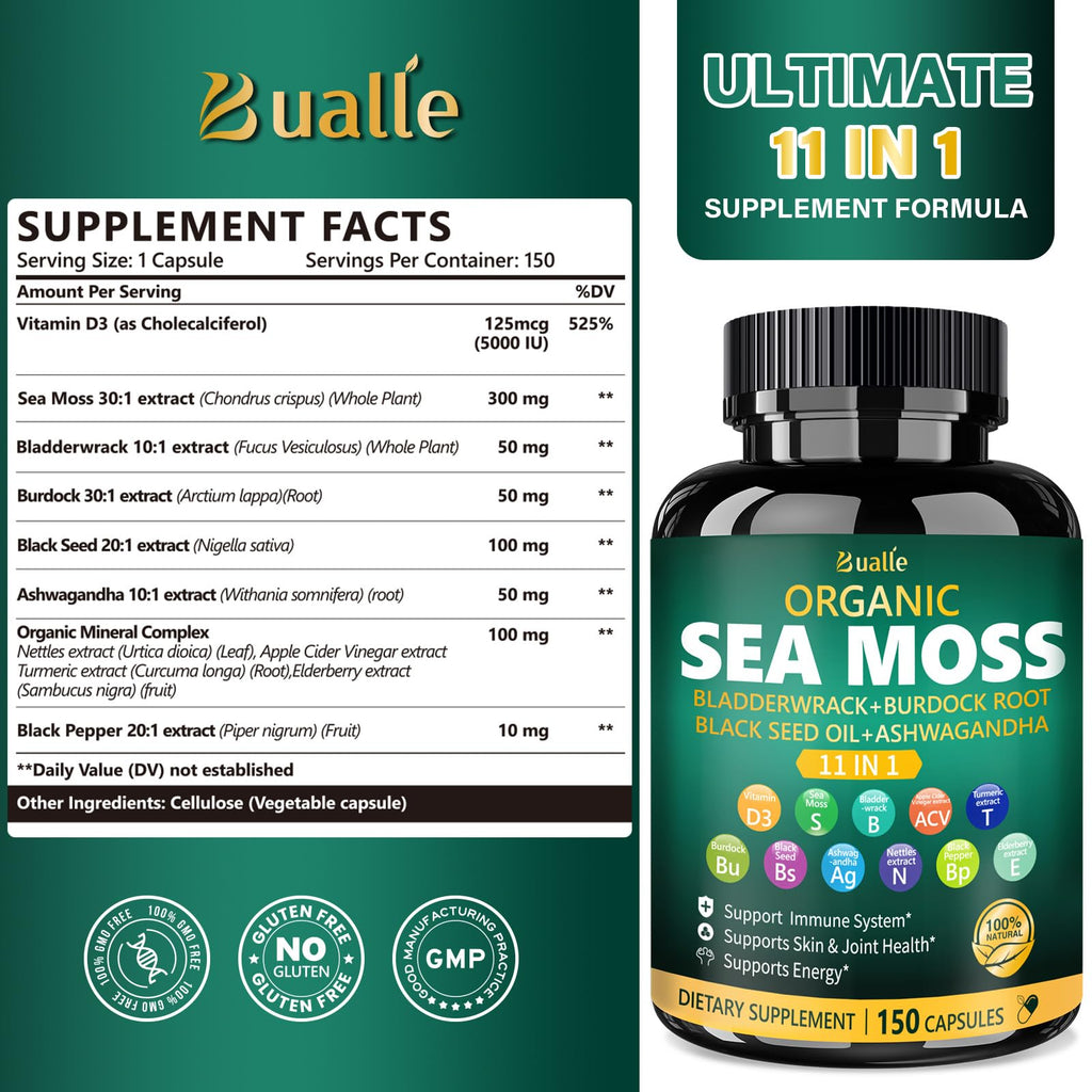 Bualle Irish Sea Moss Capsules – Organic Sea Moss & Black Seed Oil – 150 Capsules