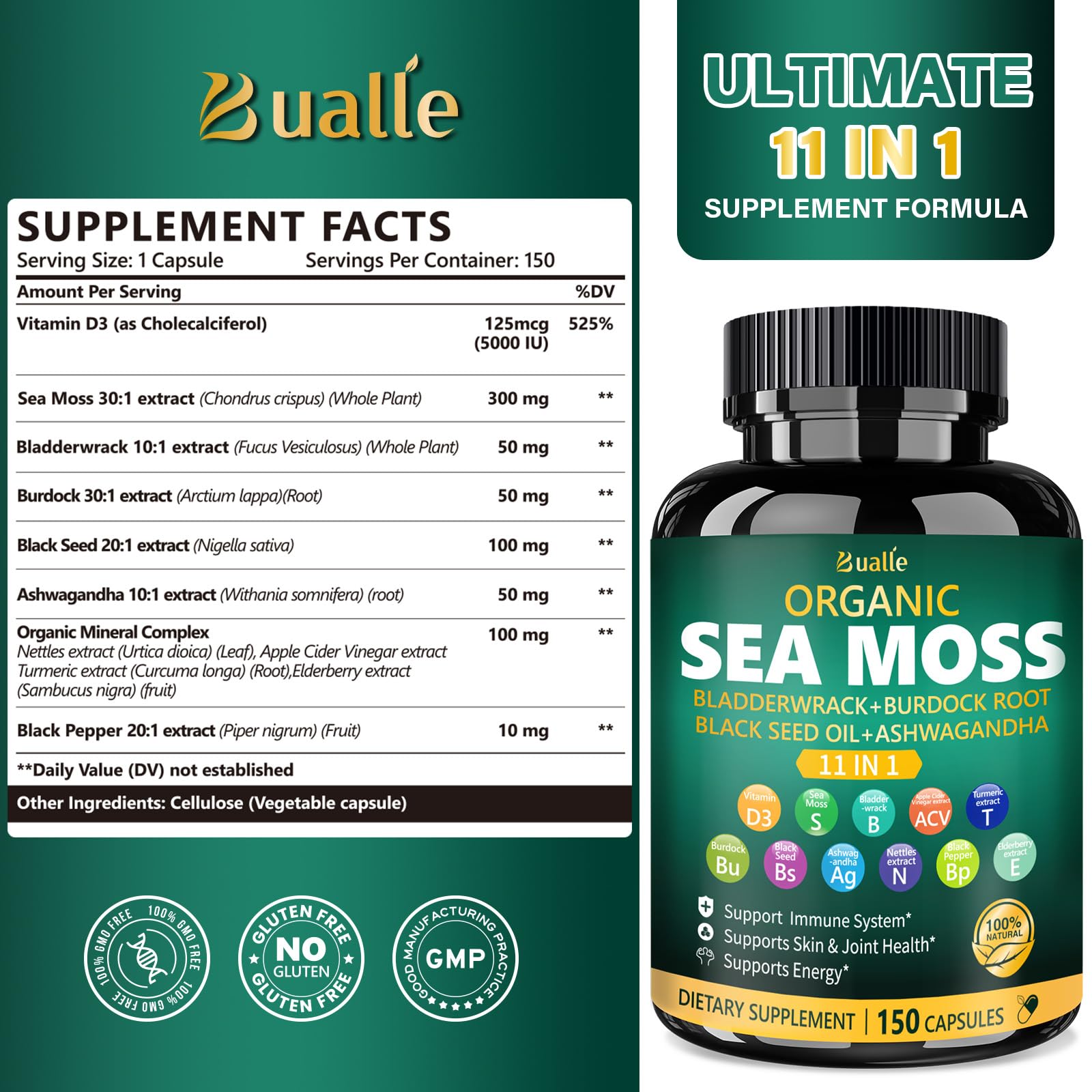 Bualle Irish Sea Moss Capsules – Organic Sea Moss & Black Seed Oil – 150 Capsules