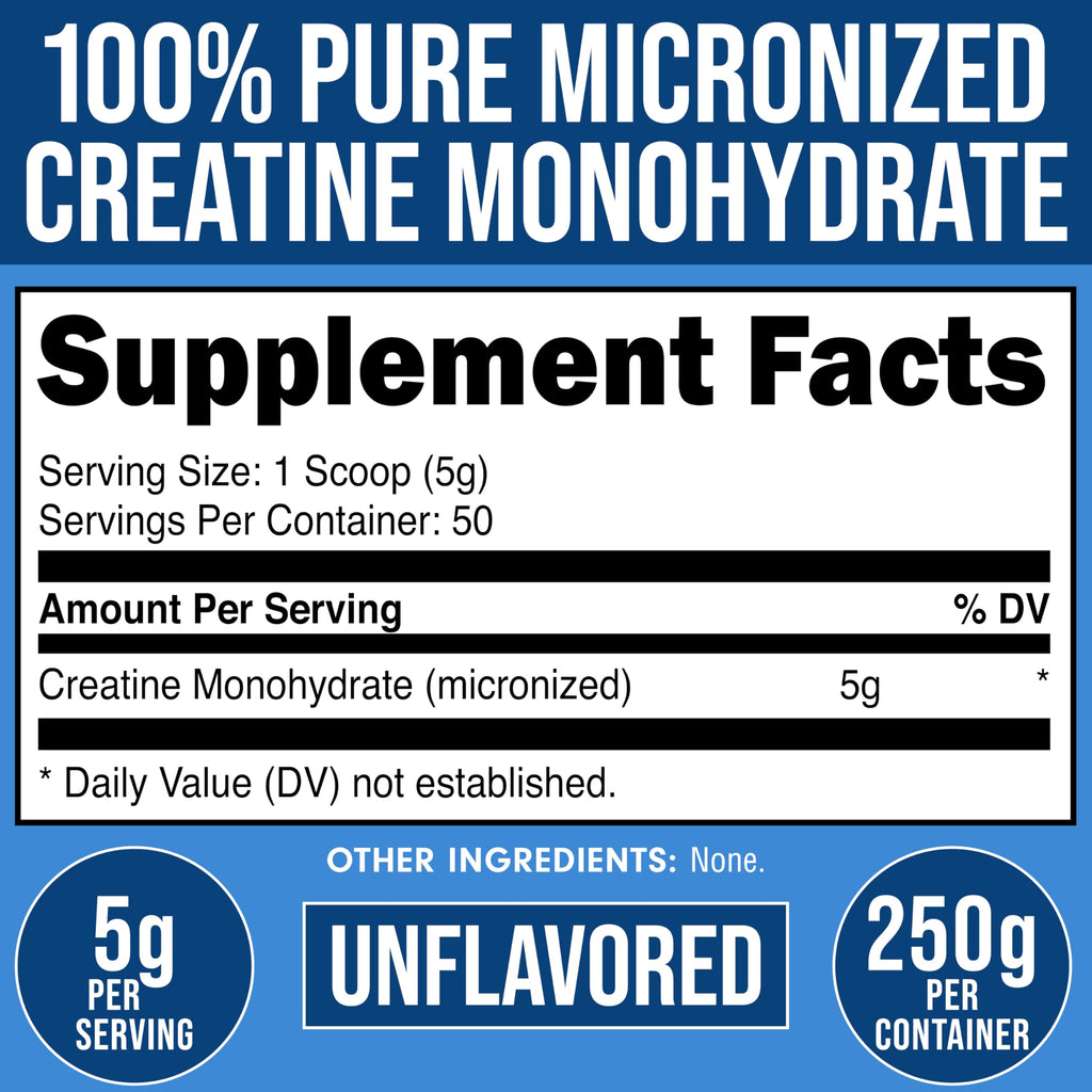 Bucked Up Pure Micronized Creatine Monohydrate – Unflavored, 5g per Serving, 50 Servings (250g)