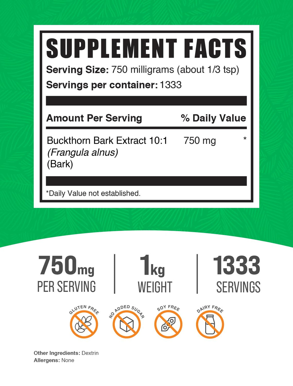 Buckthorn Bark Extract Powder 750mg - 1kg | Vegan & Gluten Free