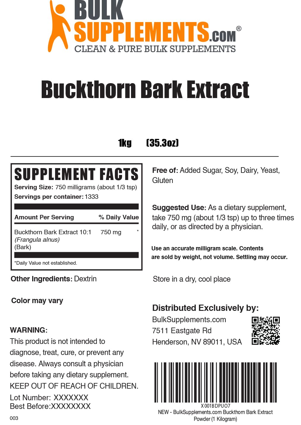 Buckthorn Bark Extract Powder 750mg - 1kg | Vegan & Gluten Free