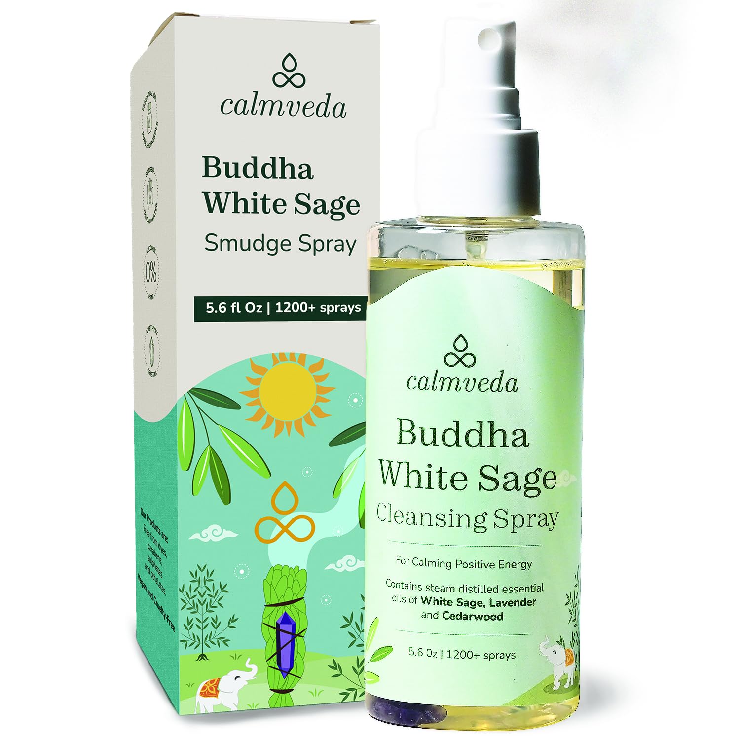 Buddha White Sage Spray Protection - Smudge Spray with Water Blessed by Buddhist Monks (1200+ Sprays) | Sage Spray for Cleansing Negative Energy and Protection | Salvia Blanca para Limpiar (5.6 OZ)