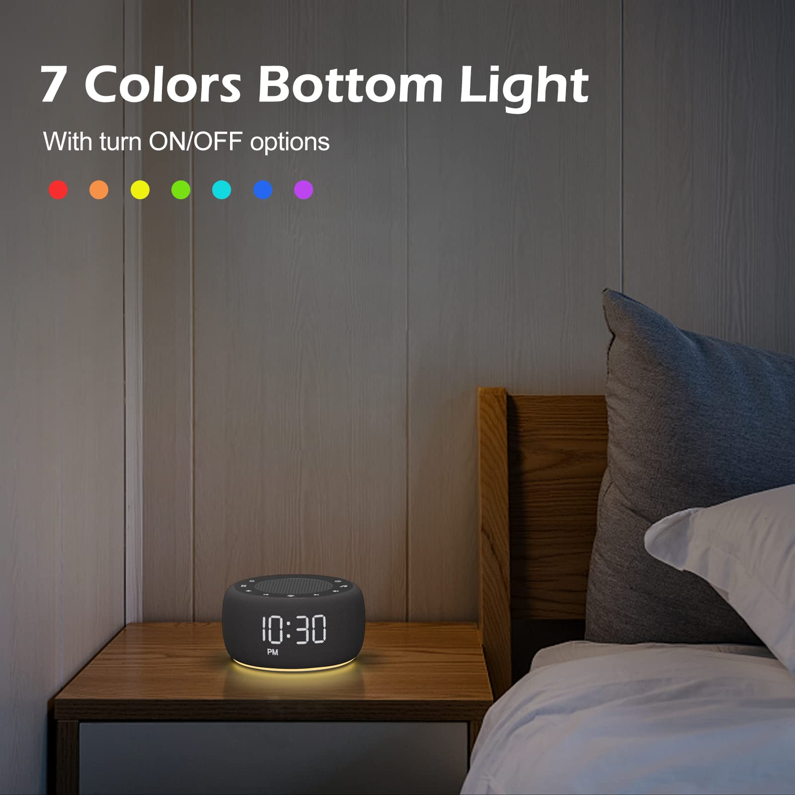 Buffbee Sound Machine & Alarm Clock 2-in-1 – 0-100% Brightness, 7-Color Light, 18 Sleep Sounds