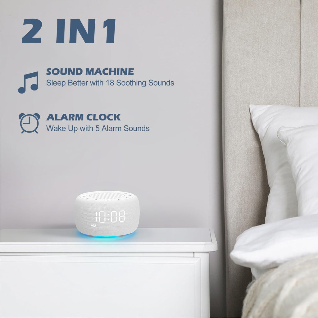 Buffbee Sound Machine & Alarm Clock 2-in-1 – 18 Sleep Sounds, 30-Level Volume, Adjustable Brightness