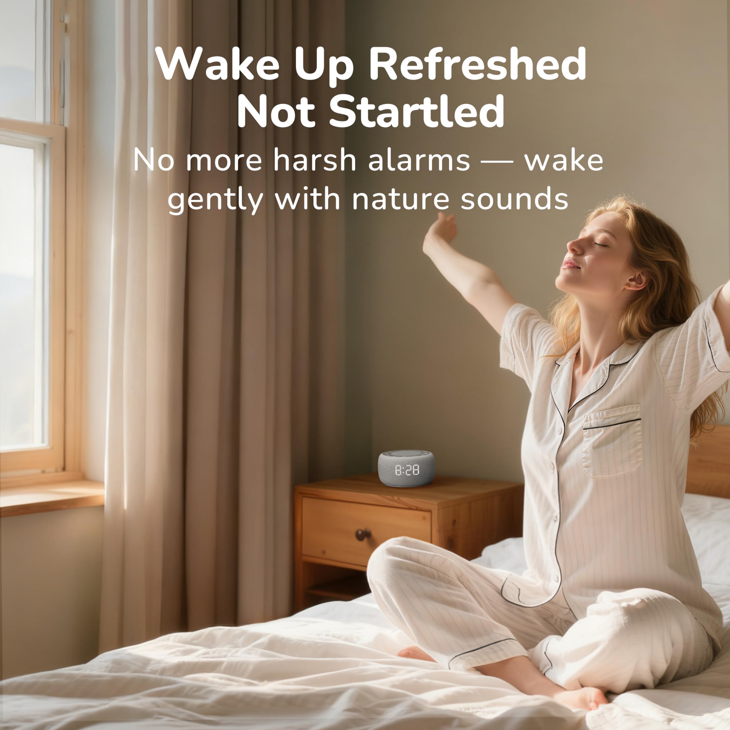 Buffbee 2-in-1 Sound Machine & Alarm Clock | 18 Soothing Sounds, 7 Night Lights, 30-Level Volume
