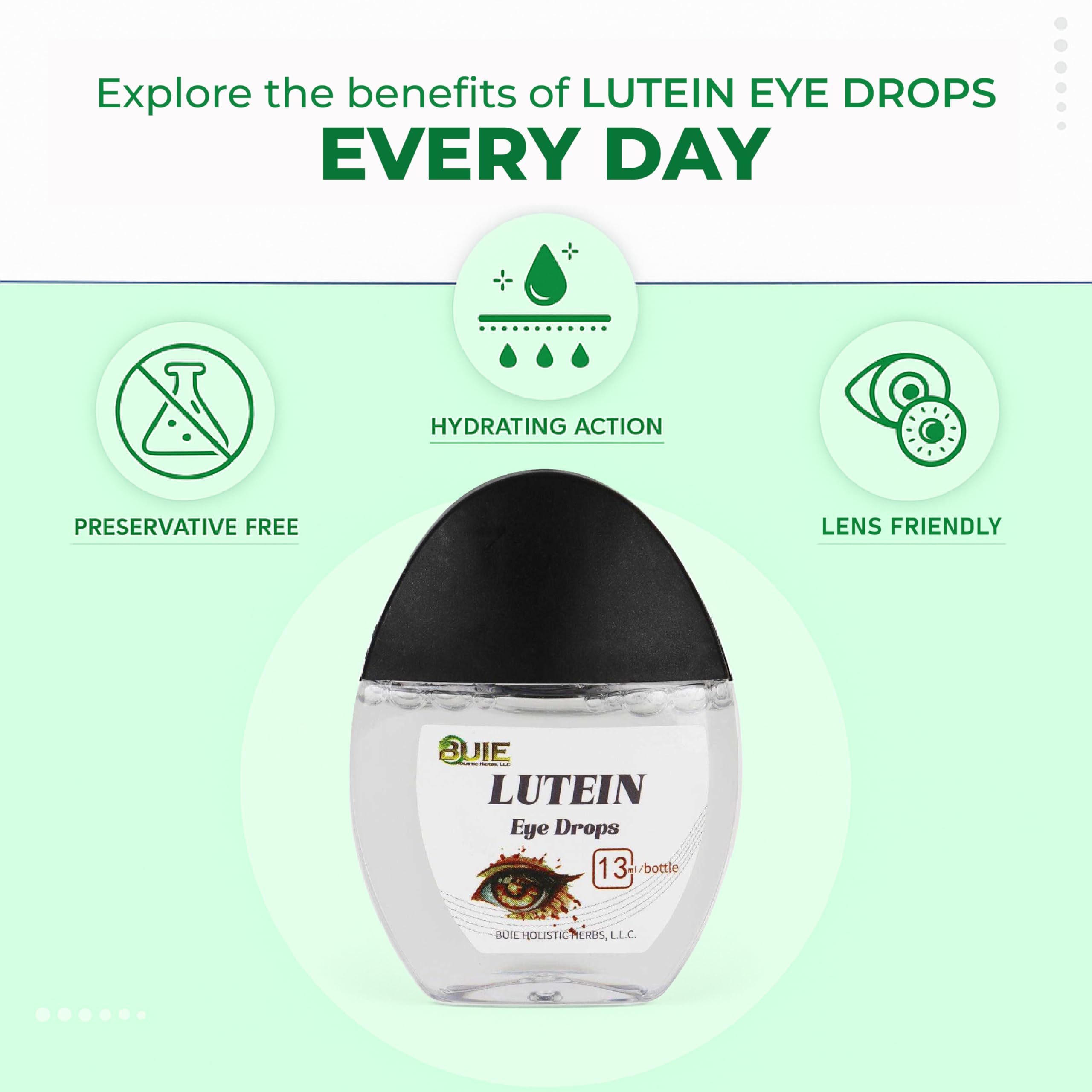 BUIE Lutein Eye Drops – Gentle Daily Eye Care with Lutein, Honeysuckle, Cassia Seed, Wild Chrysanthemum & Vitamin B6 – Hydrating, Preservative-Free, Lens-Friendly Formula – 0.5 fl oz