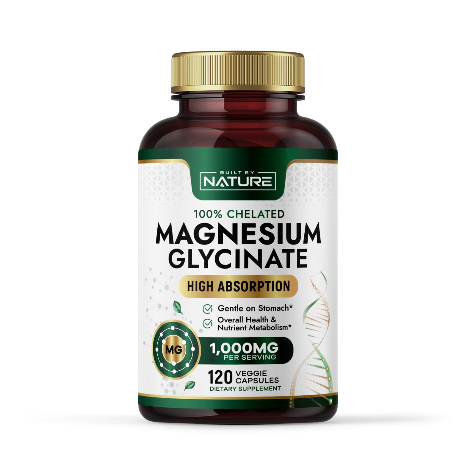 Built By Nature Magnesium Glycinate 1000mg – High Absorption Magnesium Glycinate – 100% Chelated, Gentle on Stomach - 120 Capsules
