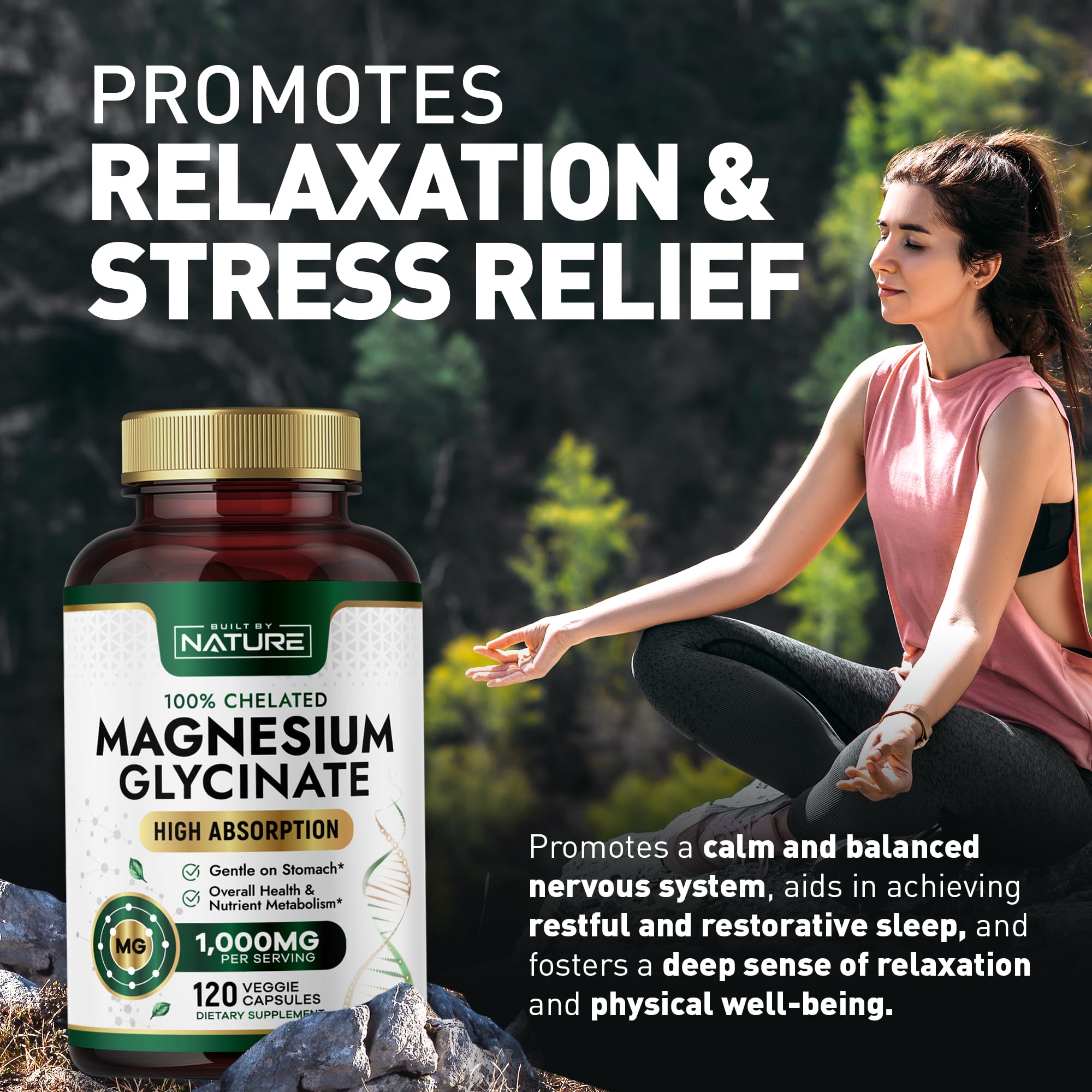 Built By Nature Magnesium Glycinate 1000mg – High Absorption Magnesium Glycinate – 100% Chelated, Gentle on Stomach - 120 Capsules