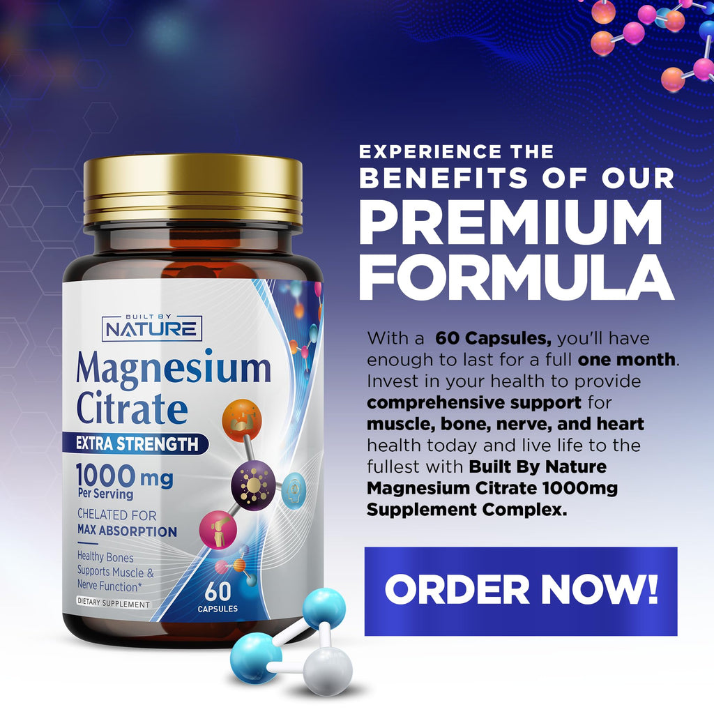 Magnesium Citrate 1000mg - Max Absorption & High Potency Magnesium Complex Supplement for Heart, Muscle, Nerve, Bone Health & Stress Relief - Non-GMO, Gluten-Free - 60 Vegan Capsules