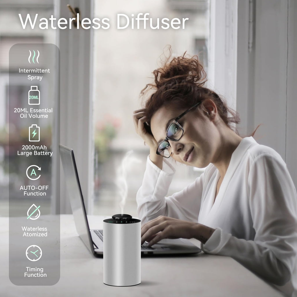 Waterless Essential Oil Diffuser – Battery Powered Car Diffuser with 3 Mist Levels and Timer (Silver)