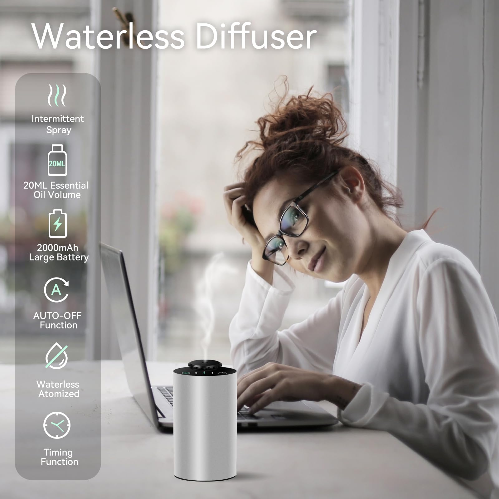 Waterless Essential Oil Diffuser – Battery Powered Car Diffuser with 3 Mist Levels and Timer (Silver)