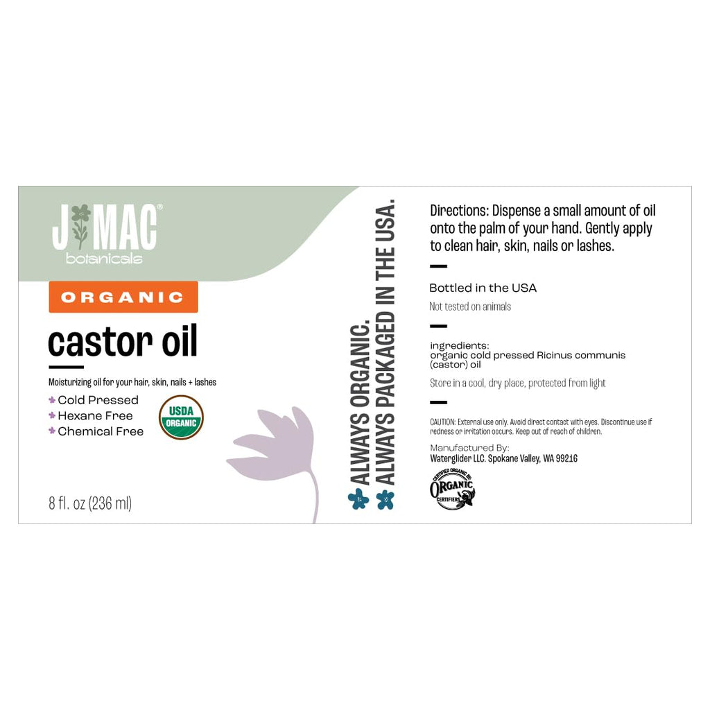 J Mac Botanicals Organic Castor Oil (8 oz) – Cold Pressed, BPA Free, Hexane Free, USDA Organic