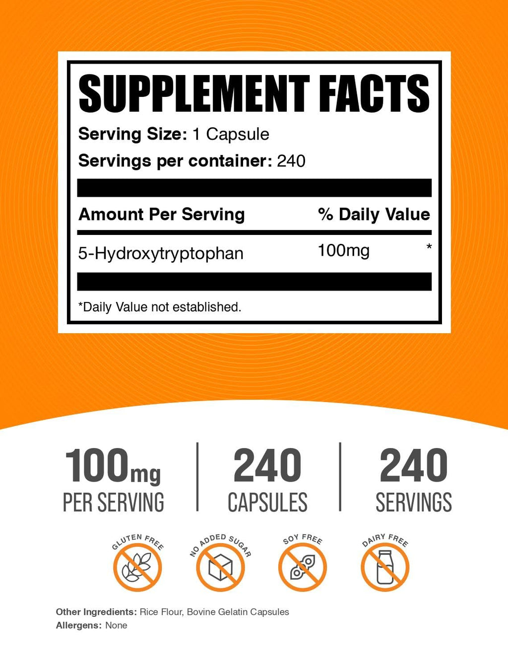 BulkSupplements.com 5-HTP Capsules - 5-Hydroxytryptophan 100mg, Gluten Free, 240 Count (Pack of 1)