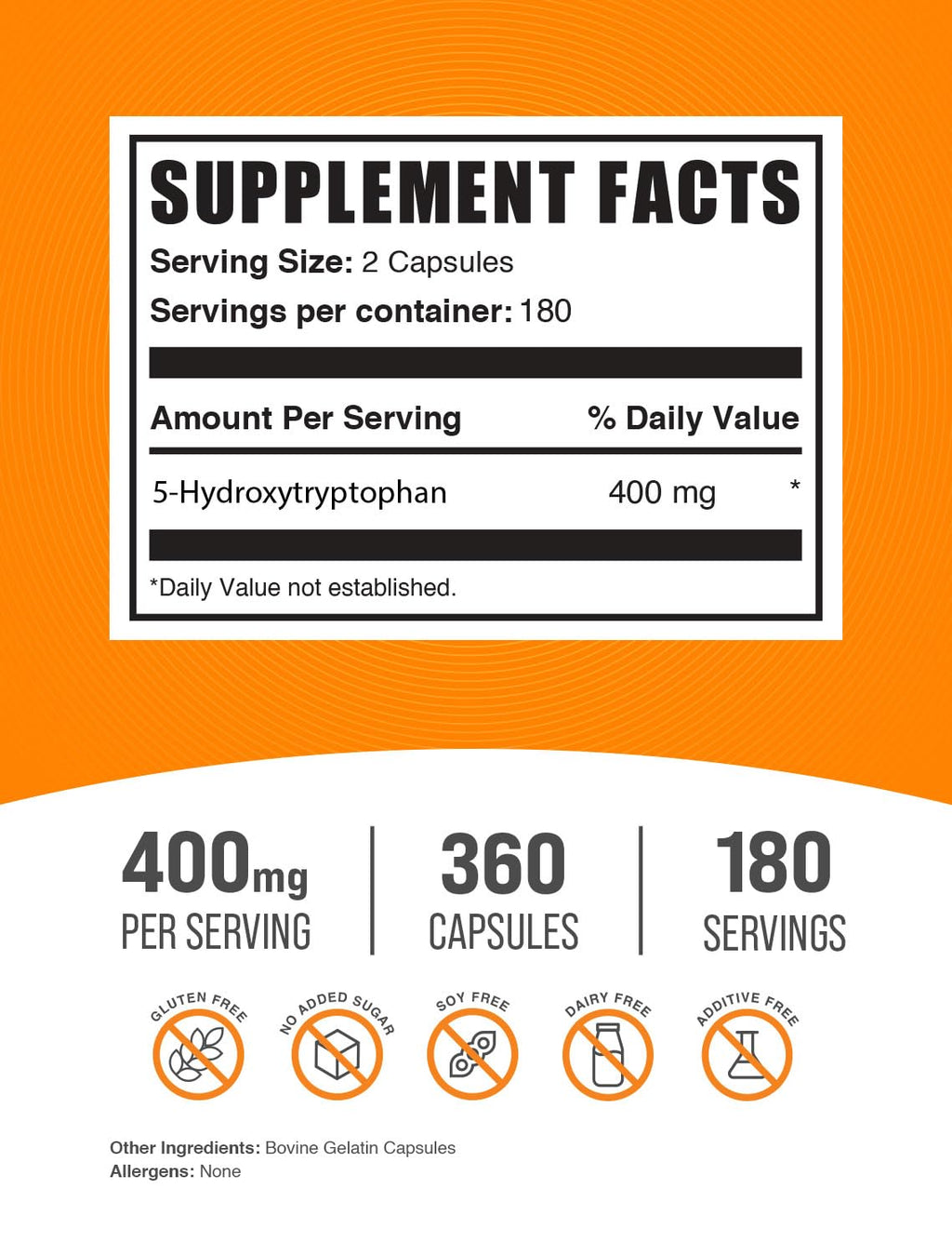 BulkSupplements.com 5-HTP Capsules 400mg – Gluten Free, 360 Count