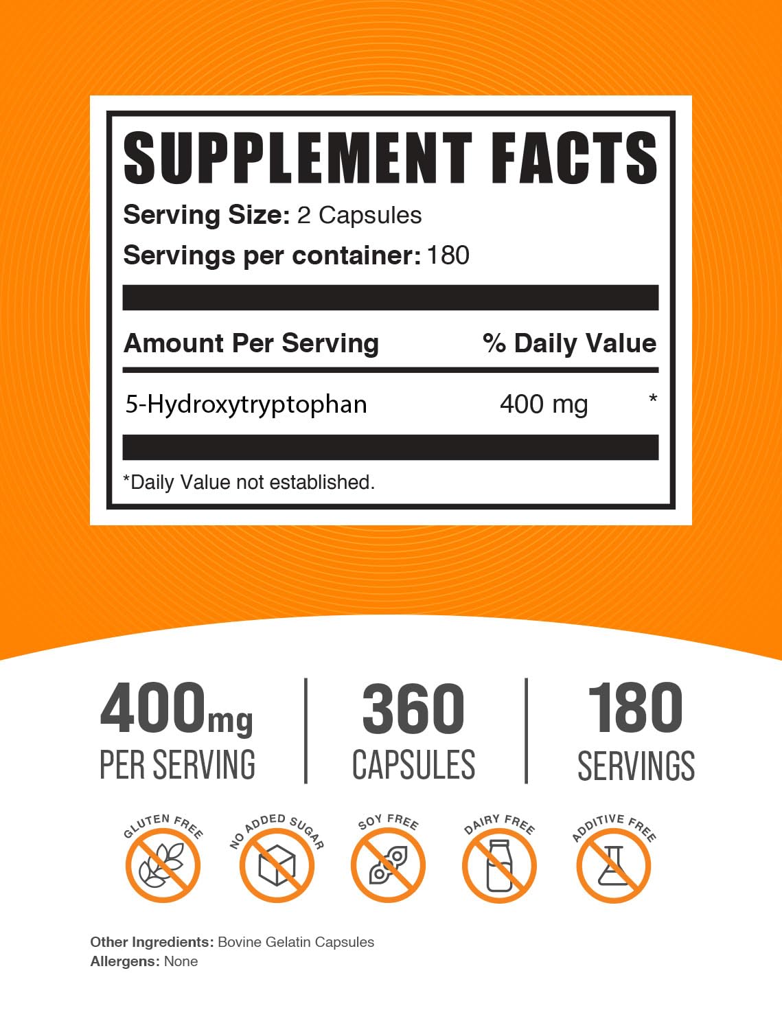 BulkSupplements.com 5-HTP Capsules 400mg – Gluten Free, 360 Count