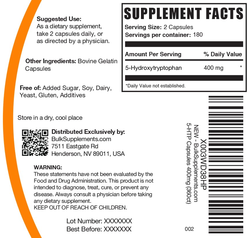 BulkSupplements.com 5-HTP Capsules 400mg – Gluten Free, 360 Count