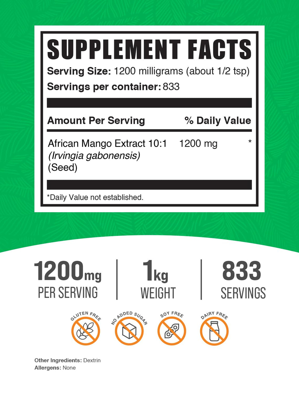 African Mango Extract Powder (Irvingia Gabonensis) – Gluten Free, 1.2g/Serving, 1kg | BulkSupplements