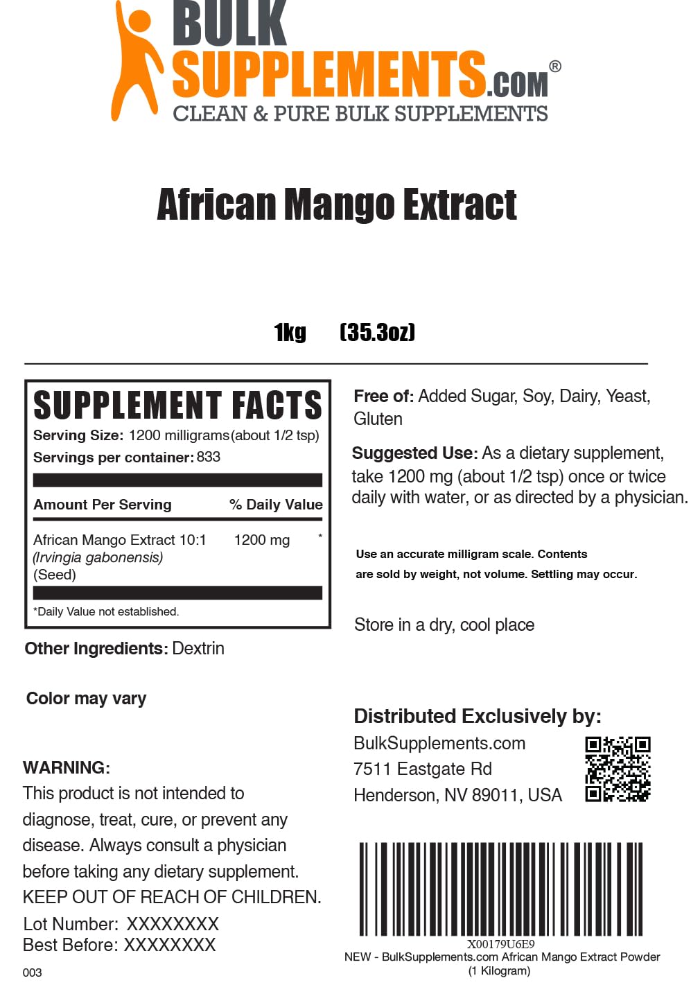 African Mango Extract Powder (Irvingia Gabonensis) – Gluten Free, 1.2g/Serving, 1kg | BulkSupplements