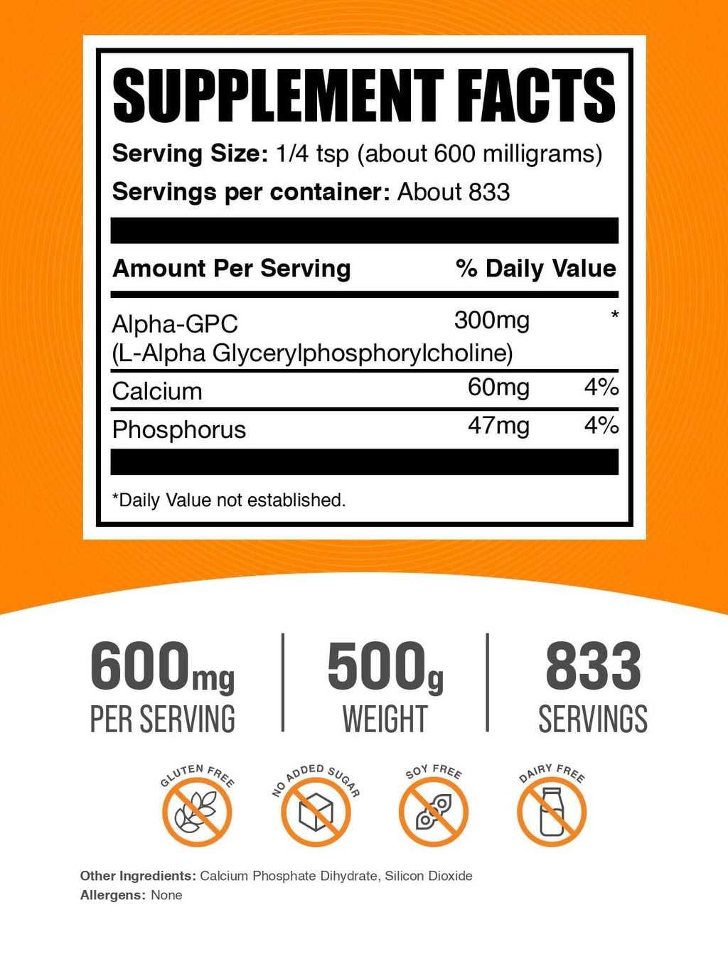 BulkSupplements.com Alpha GPC Powder – Choline Supplement | 300mg Alpha GPC, 600mg per Serving, Unflavored & Gluten Free, 500g