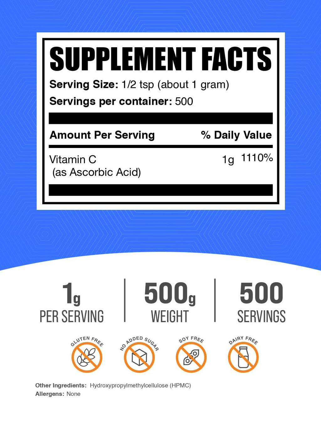 BulkSupplements Ascorbic Acid Powder – Vitamin C, Immune Support, 500g, Gluten Free