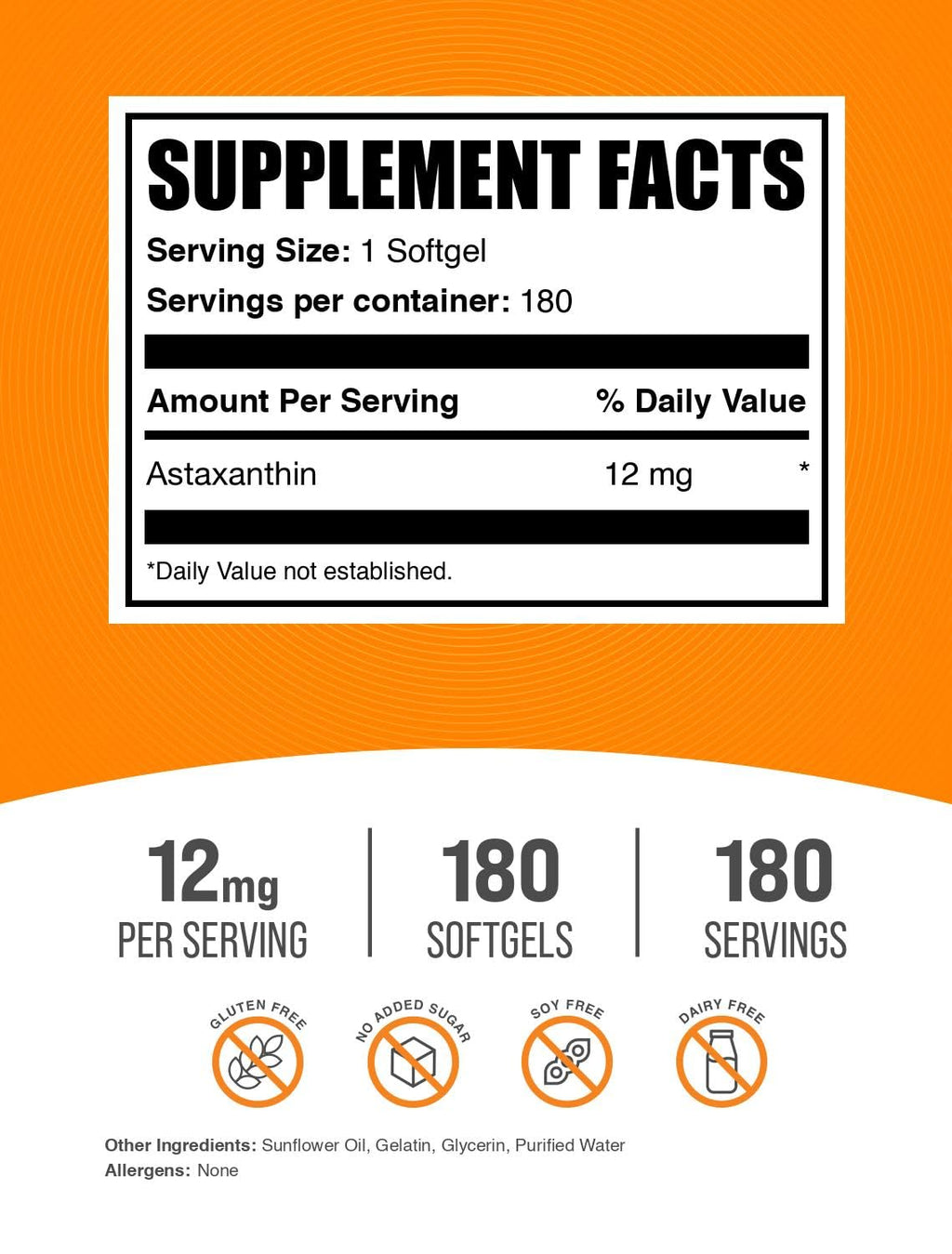BulkSupplements Astaxanthin 12mg Softgels – Gluten Free, 180 Count (Pack of 1)