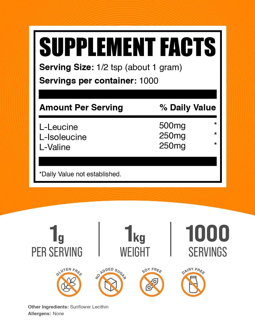 BulkSupplements BCAA 2:1:1 Powder – Unflavored, Gluten Free, 1g Per Serving, 1kg (2.2 lb)