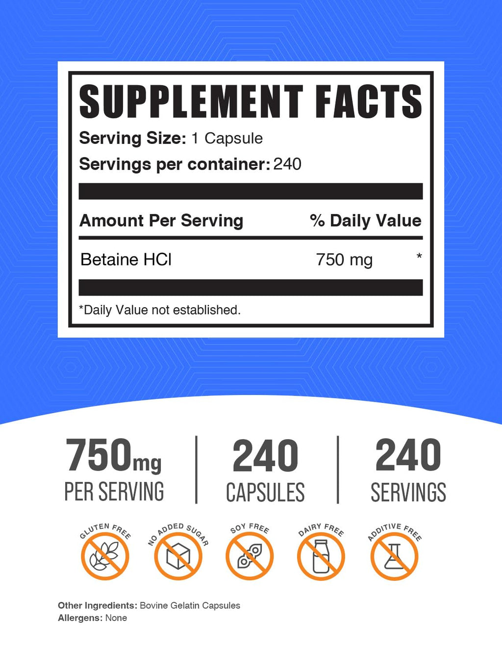 BulkSupplements Betaine HCl Capsules 750mg – Gluten Free Digestive Support | Pack of 2, 480 Capsules