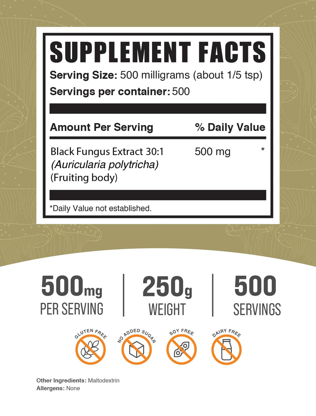 Black Fungus Mushroom Extract Powder (Wood Ear) – 500 mg, 250 g | Vegan & Gluten-Free | BulkSupplements.com