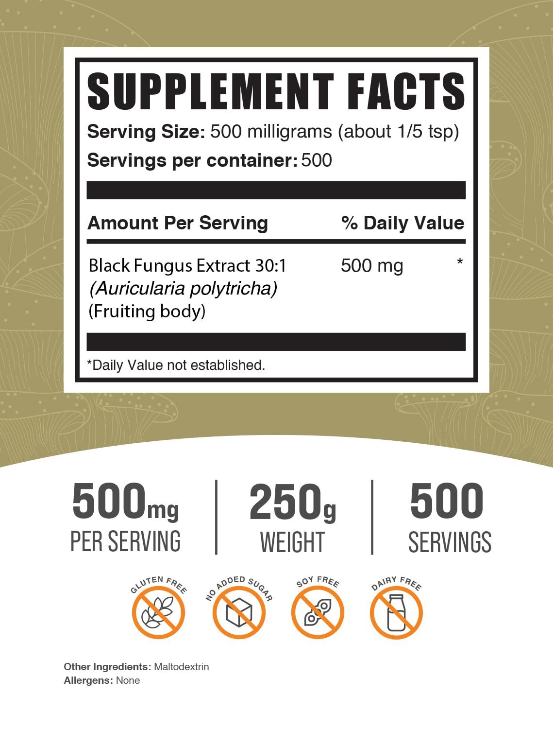Black Fungus Mushroom Extract Powder (Wood Ear) – 500 mg, 250 g | Vegan & Gluten-Free | BulkSupplements.com