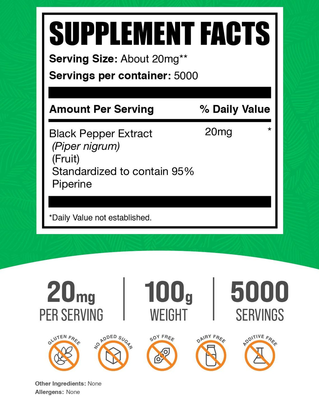 BulkSupplements Black Pepper Extract Powder – Piperine 20 mg/Serving, Vegan & Gluten Free, 100 g (3.5 oz) Pack of 1