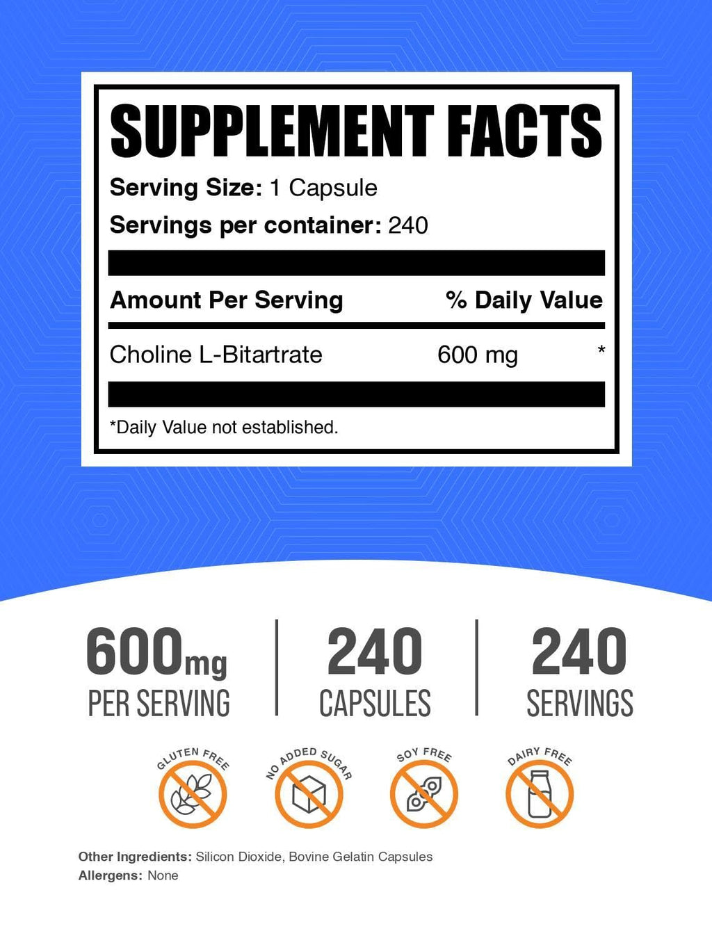 BulkSupplements Choline Bitartrate Capsules | Choline L-Bitartrate 600mg, 2 Capsules per Serving, 240 Capsules (Pack of 1)