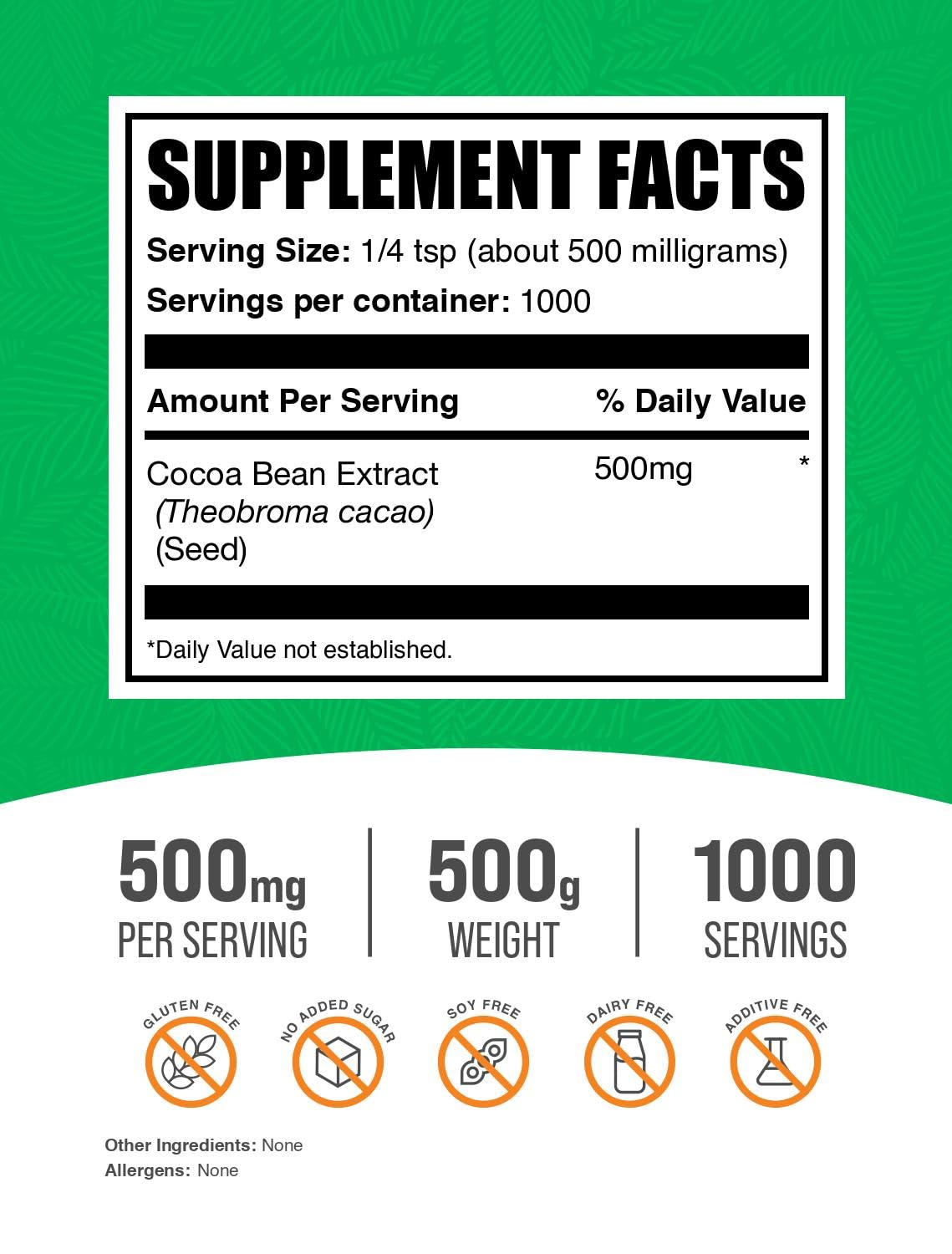Cocoa Bean Extract Powder 500mg - Unsweetened, Vegan, Gluten Free | 500g | BulkSupplements