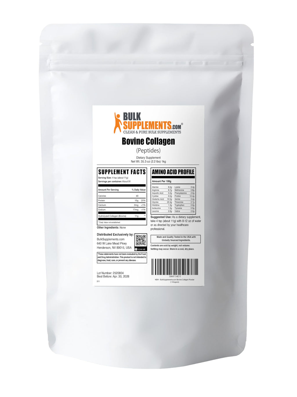 BulkSupplements Collagen Peptides Powder – 1kg (2.2 lbs), Bovine, Hydrolyzed & Gluten Free