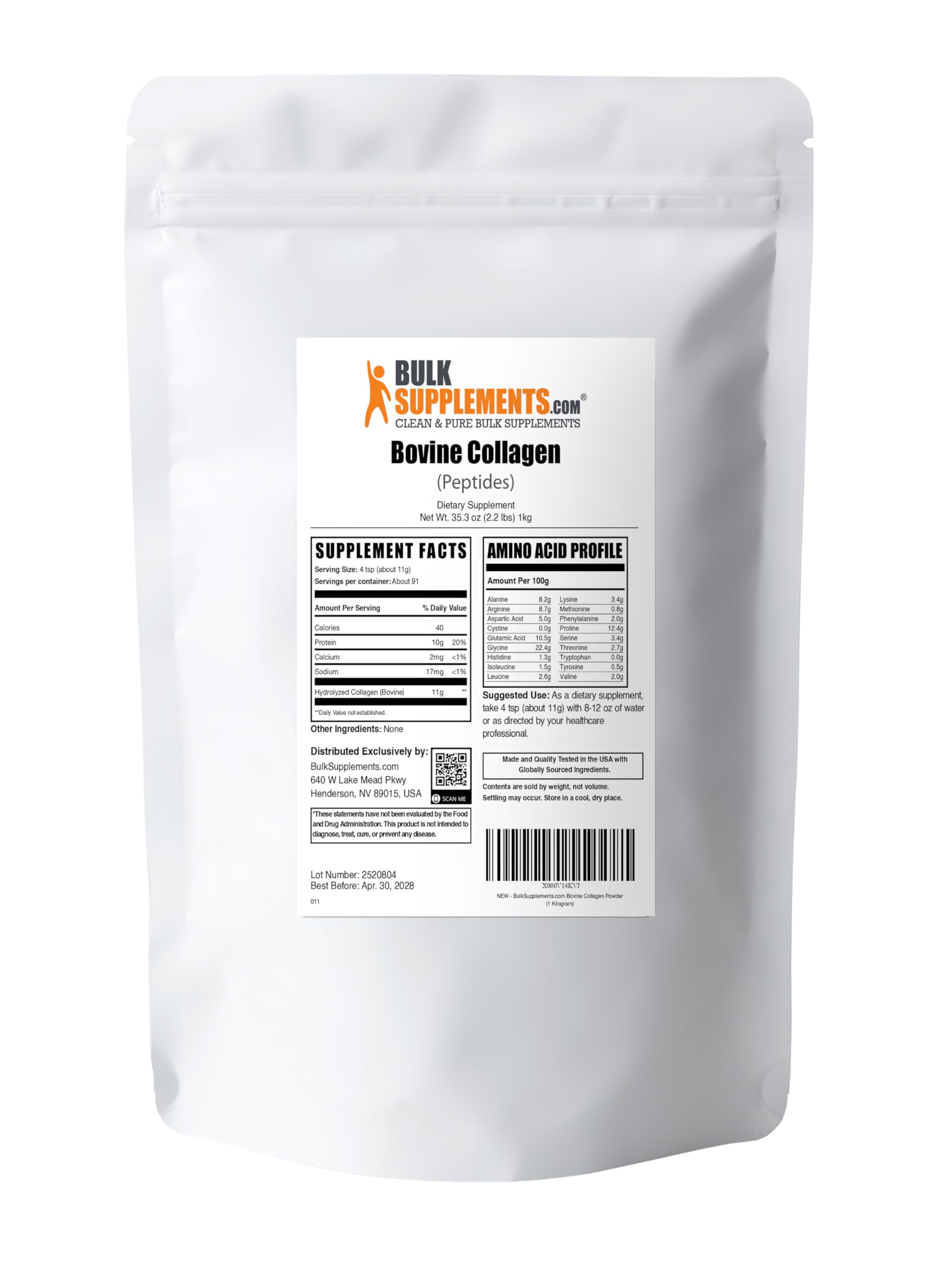 BulkSupplements Collagen Peptides Powder – 1kg (2.2 lbs), Bovine, Hydrolyzed & Gluten Free
