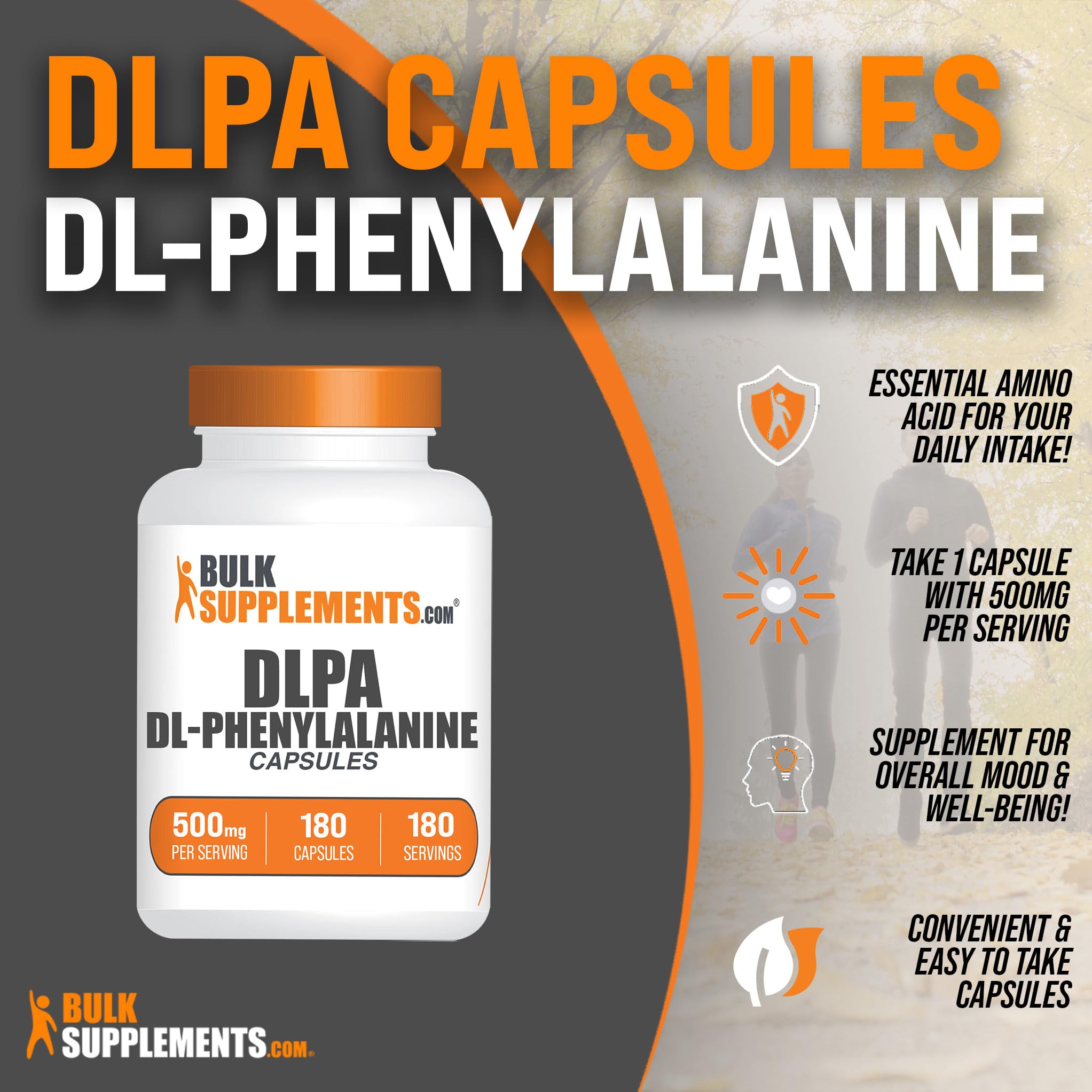 BulkSupplements DL-Phenylalanine Capsules 500mg (DLPA) – 180 Caps, Gluten Free