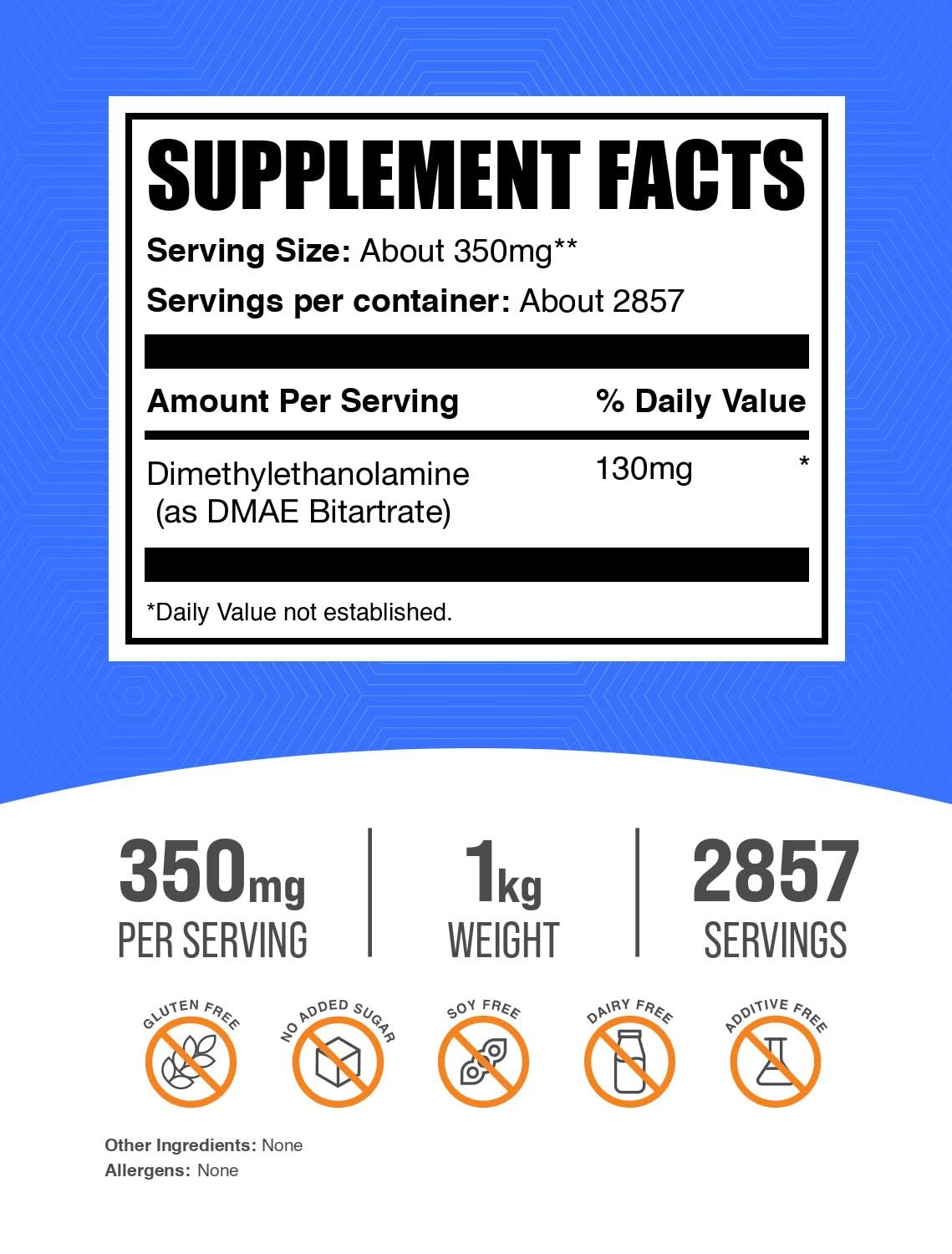 DMAE Bitartrate Powder 350mg/Serving – Unflavored & Gluten Free | BulkSupplements 1kg