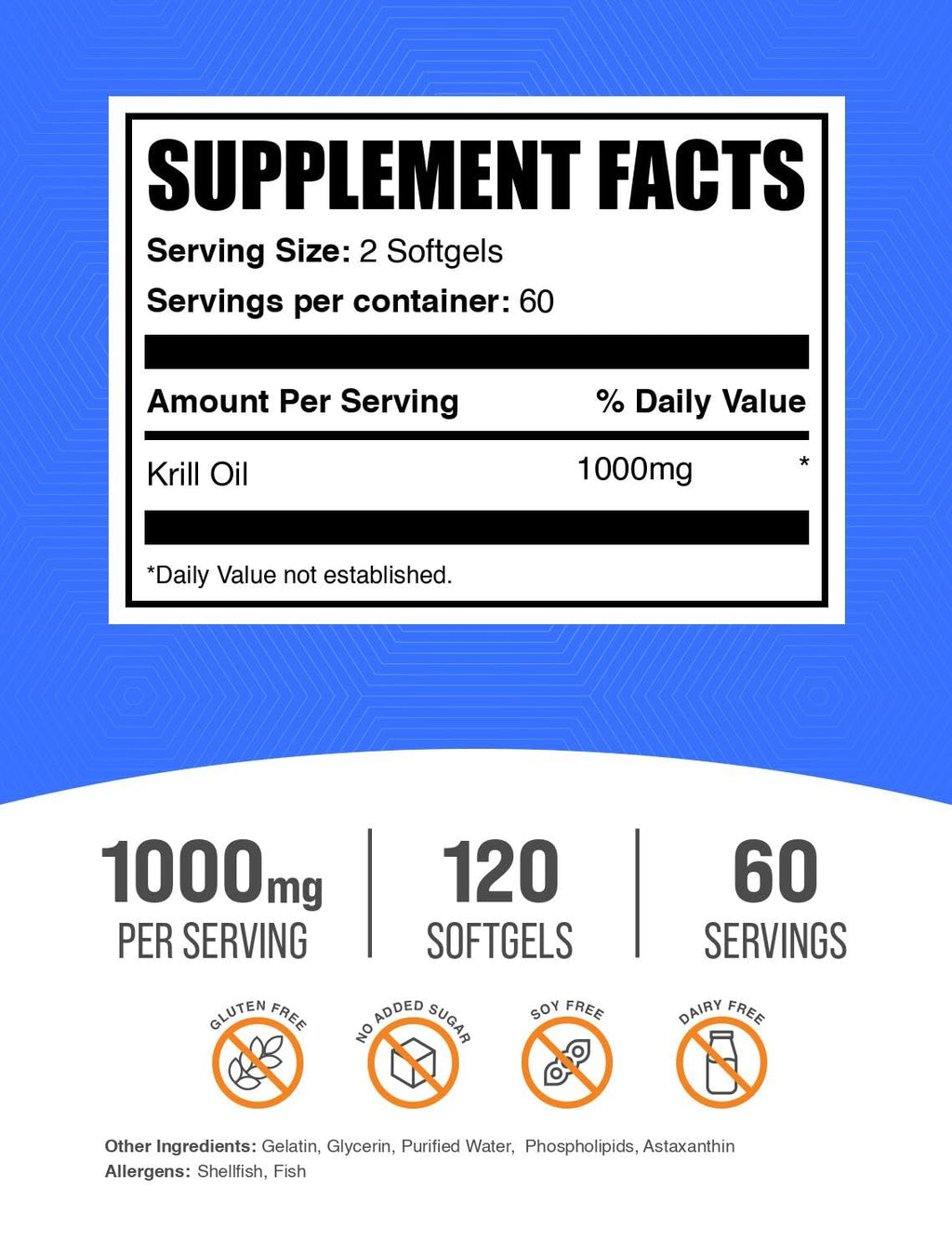 BulkSupplements.com Krill Oil 1000mg Softgels - Antarctic Krill Oil, Omega-3 & DHA - Gluten Free, 2 Softgels per Serving, 120 Count