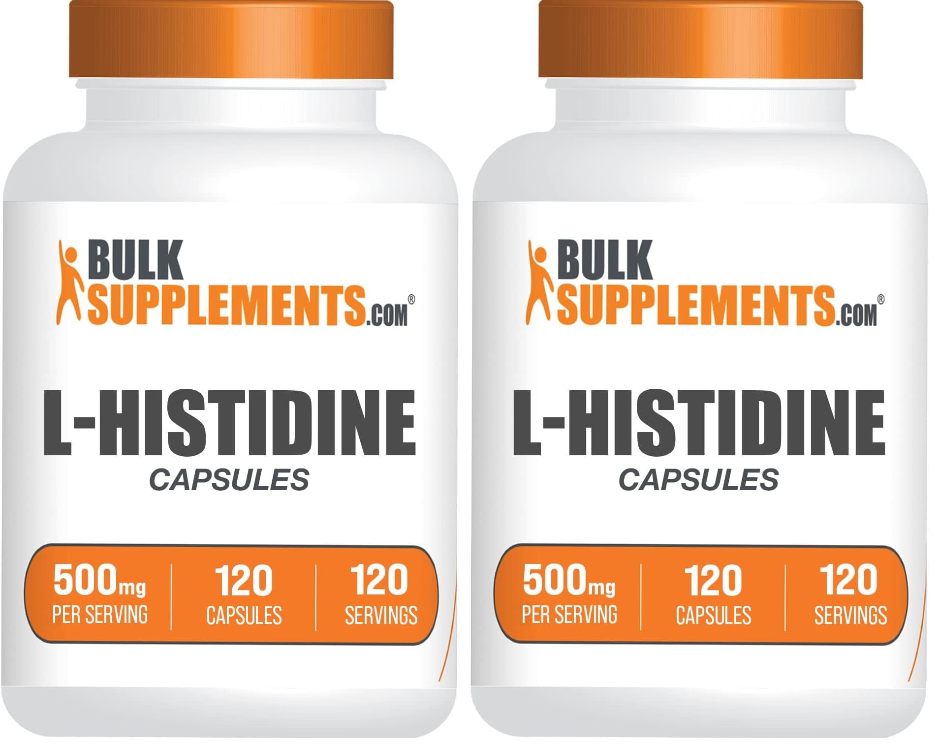 BulkSupplements L-Histidine Capsules - L-Histidine Base, Essential Amino Acid, Gluten Free | 120 Capsules per Bottle, Pack of 2