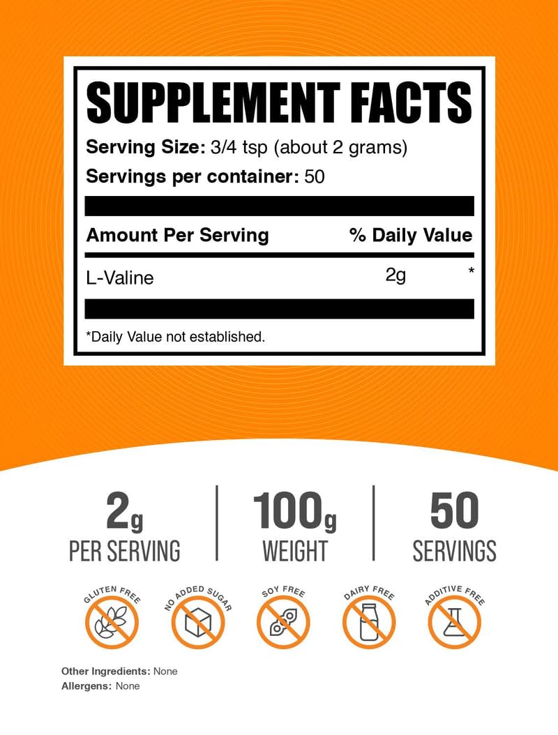 L-Valine Powder | Valine Amino Acids, BCAA, Unflavored & Gluten Free (2g/Serving, Pack of 2)