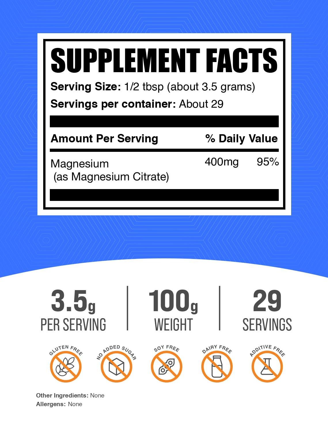 BulkSupplements Magnesium Citrate Powder 400mg | Gluten Free, Easy Absorption (100g x2)