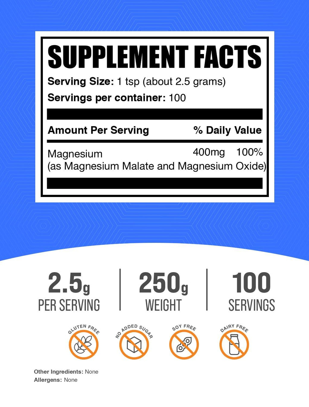 Magnesium Malate Powder - High Bioavailability, Gluten Free | 250g (8.8 oz) | BulkSupplements