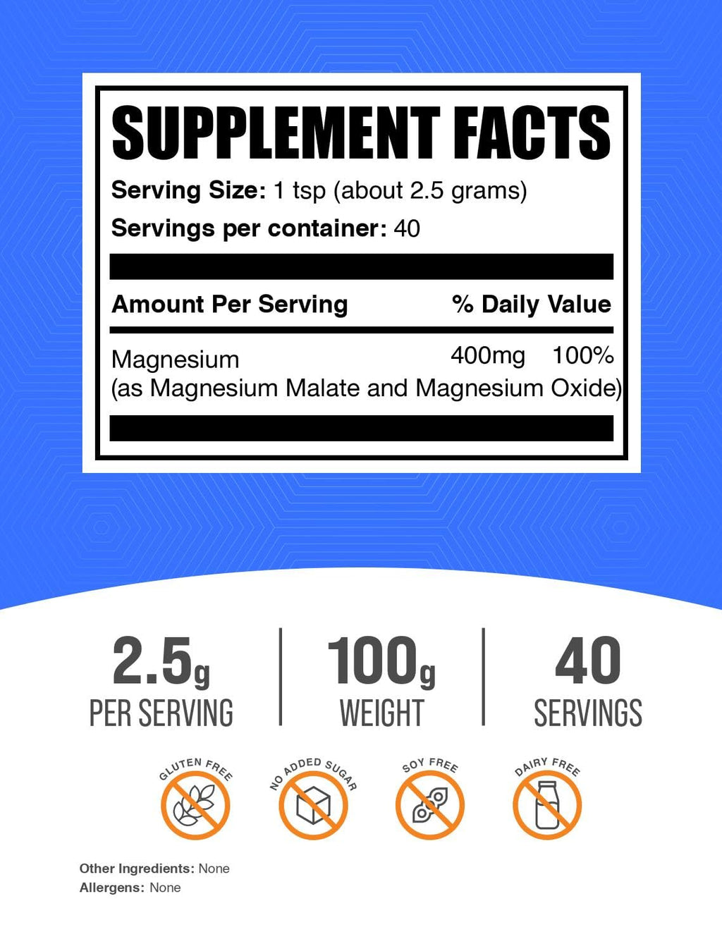 BulkSupplements Magnesium Malate Powder — High Bioavailability, 2.5g/Serving, 100g