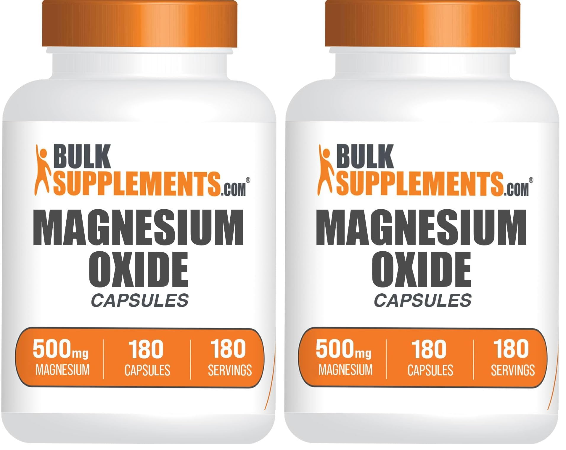 BulkSupplements Magnesium Oxide Capsules - 500mg, Gluten Free, 360 Capsules (2x180) | Magnesium Supplement