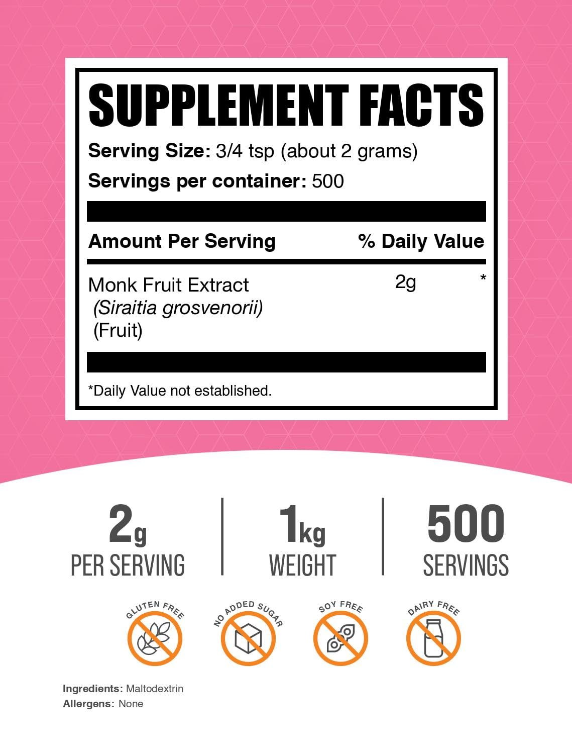 BulkSupplements Monk Fruit Extract Powder – Luo Han Guo, 1 kg, 500 Servings, Gluten Free, No Erythritol, 2 g/Serving