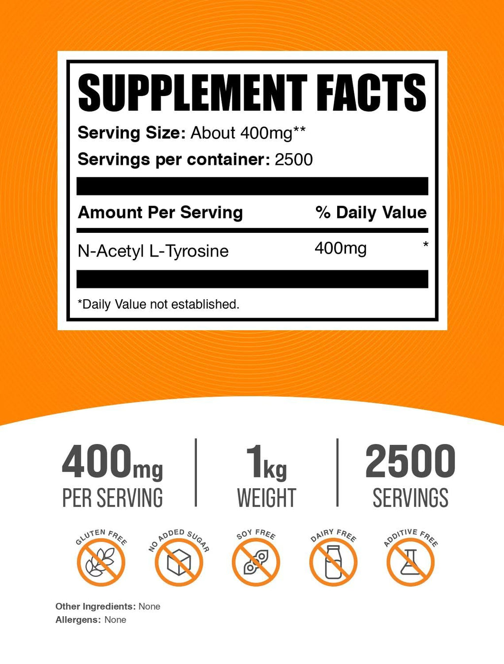 N-Acetyl L-Tyrosine Powder (NALT) – 400 mg/Serving, 1 kg, Unflavored | BulkSupplements