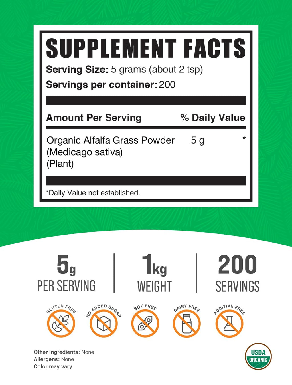 BulkSupplements Organic Alfalfa Grass Powder – Alfalfa Supplement, 1kg, Vegan & Gluten Free | 5g Serving