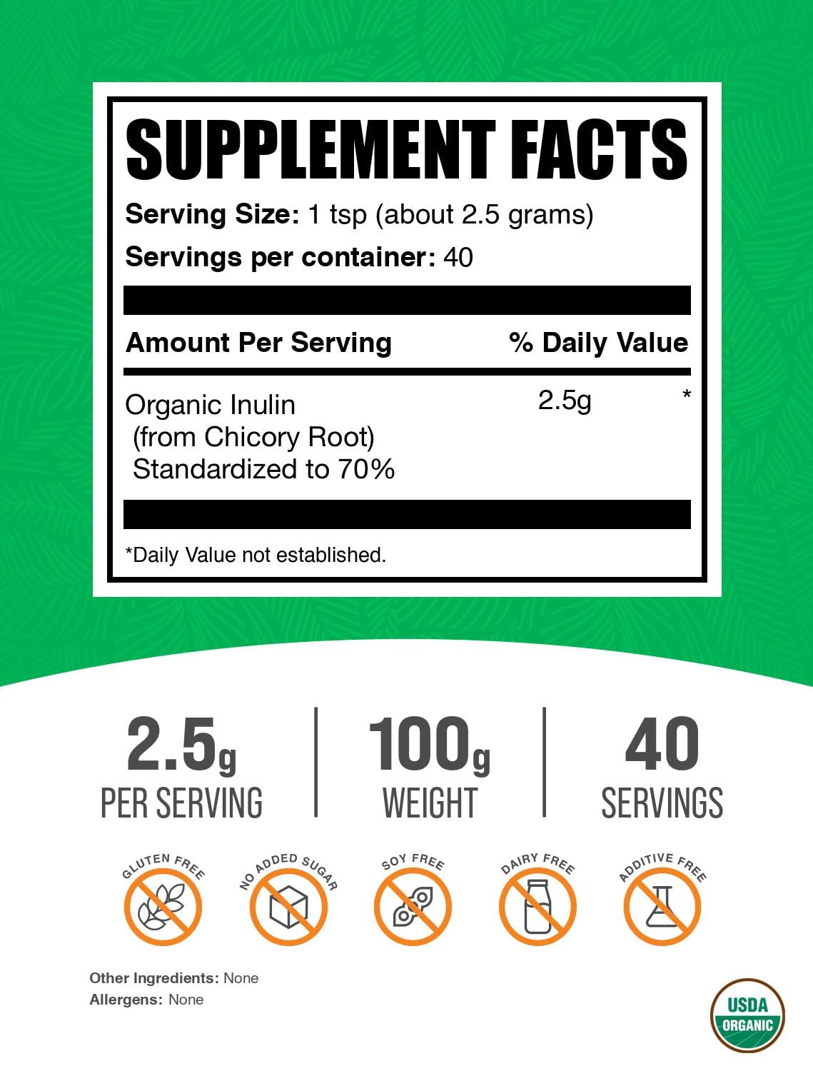 BulkSupplements Organic Inulin Powder - Soluble Fiber, Vegan & Gluten Free, 2.5g per Serving, 100g Pack of 2