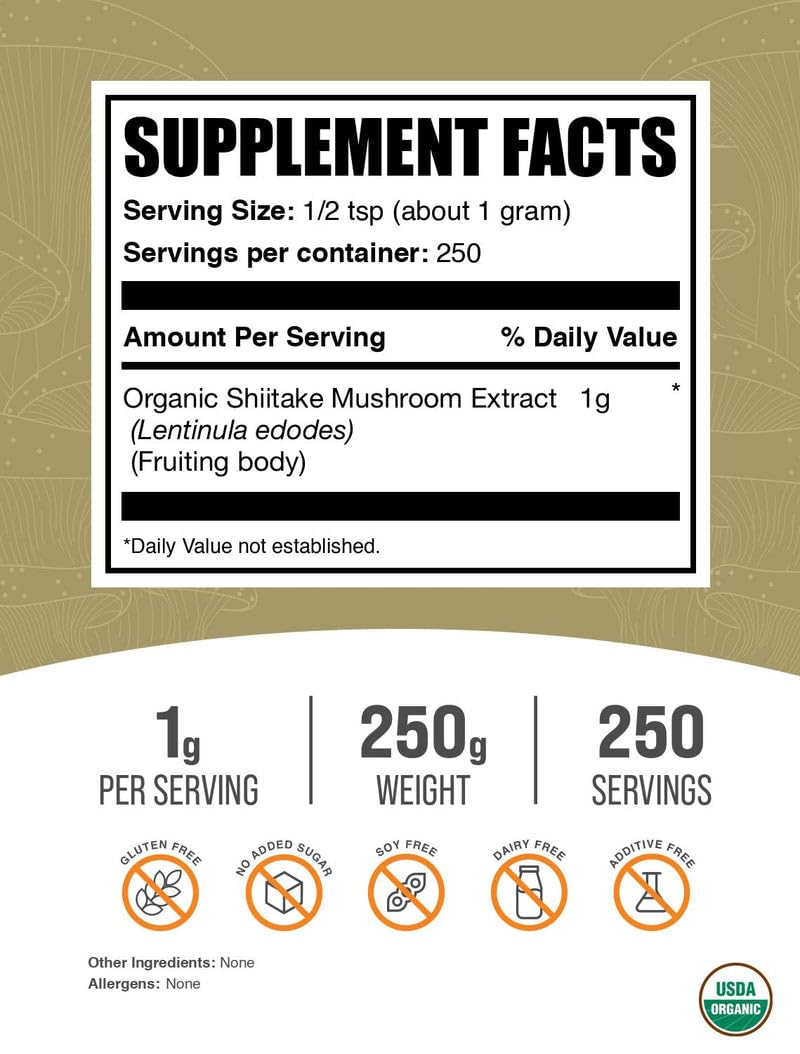 BulkSupplements.com Organic Shiitake Mushroom Extract Powder – Immune Support, Vegan & Gluten Free, 250g | 1g Serving