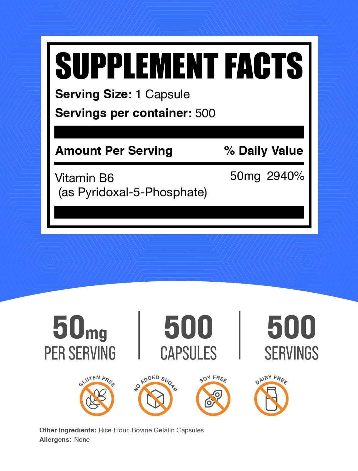 Pyridoxal 5 Phosphate Capsules (P5P) – Vitamin B6, Gluten Free | BulkSupplements 500 Count