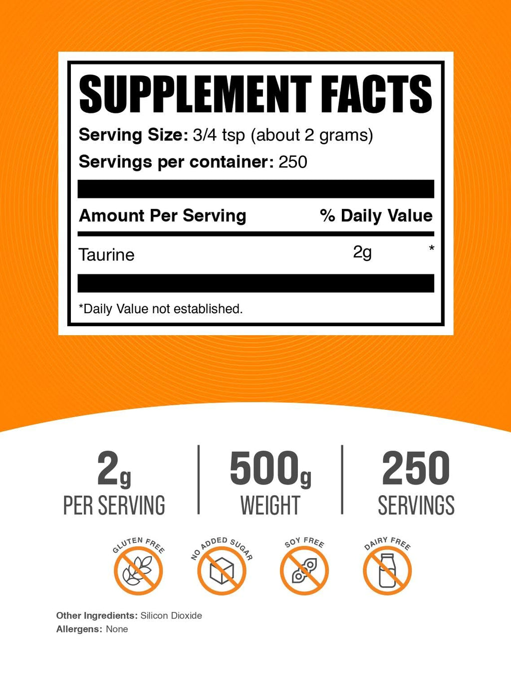BulkSupplements Taurine Powder - 2000mg per Serving, Unflavored & Gluten Free, 500g | Amino Acid Supplement for Energy